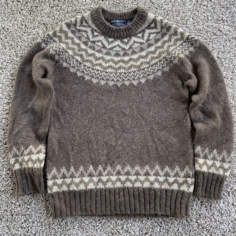 Vintage Viking Wool Sweater Size Large Gray Iceland Stye Knit Fair Isle Nordic
